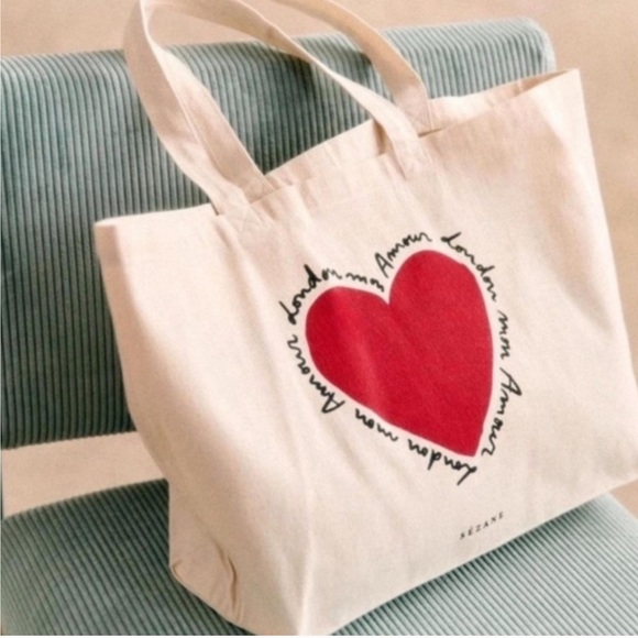 Sezane Limited Edition Mon Amour Red Heart Cotton Canvas Cream Ecru Tote Bag - Picture 1 of 3
